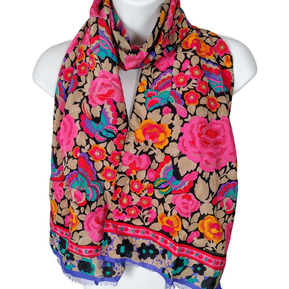 Smithsonian Institution Silk Scarf Floral Butterfly Made in Italy Pink Black 60"